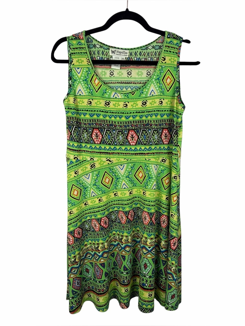 Papillon Medium Green Geometric Print Sleeveless Swing Dress Stretch Boho